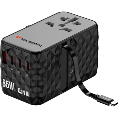 Verbatim GaN Nabíječka do sítě s vestavěným USB-C kabelem Charge 'n' Travel, 85W, 4xUSB-C, 1xUSB (32127)