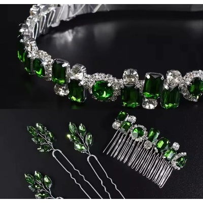 Naishide Jewelry Slavnostní postříbřená vlasová souprava se zelenými krystaly