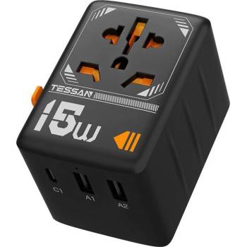 Tessan World Travel Adapter 15W - захранване с 1xUSB-C и 2xUSB-A изхода и преходници за цял свят в едно устройство за мобилни устройства (черен)