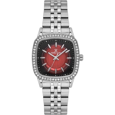 Daniel Klein DK. 1.13944-2 Premium, Дамски часовник- Правоъгълен корпус с кристали, черно-червен циферблат, сребриста верижка от неръждаема стомана