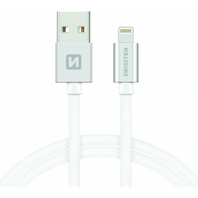 Swissten 71524203 textilný s certifikáciou MFI, Lightning konektorom a podporou rýchlonabíjania, stříbrný