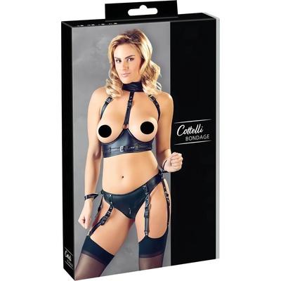 Cottelli Collection Bondage - лъскав бюстие комплект с белезници (черно) - M