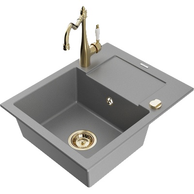 Mexen Enzo еднокамерен гранитен мивка с отцедник и кухненски смесител Carla, сив - 6506-71-670700-50 (6506-71-670700-50)