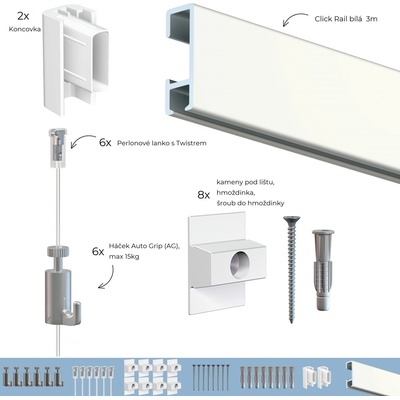 Závěsný systém na obrazy - SET Click Rail bílá přetíratelná 3m (6x perlon 6x AG
