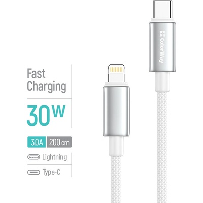 ColorWay CW-CBPDCL099-WT USB-C – Apple Lightning (zinková zliatina, nylonové opletenie) PD Fast Charging 30W 2m bílý