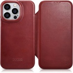 ICARER Magsafe Калъф от Естествена Кожа за iPhone 14 Pro, iCarer CE Wax Book Leather Case, Червен (AKI14220706-RD)