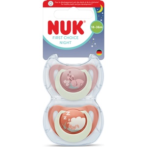 Nuk First Choice биберон залъгалка, силикон, 18+ мес. , 2 бр. , Night, Заек/Овца (10177256)