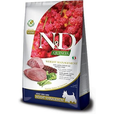 Farmina N&D Quinoa Weight Management Lamb Adult MINI - суха храна за поддържане на идеално телесно тегло, за кучета над 1 година от дребни породи, с агнешко, киноа, броколи и аспержи