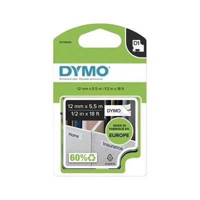Dymo originál páska do tlačiarne štítkov, Dymo, 16959, S0718060, čierny tlač/biely podklad, 5.5m, 12mm, D1, špeciálna - permanentn
