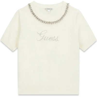 GUESS Трикотажна тениска за момиче в мръсно бял цвят с кристали и надпис Guess
