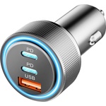 Techsuit - Премиум зарядно за кола DriveBoost (C6) - Бързо зареждане, LED светлина, USB, 2x Type-C 60W, 5V/3A, Алуминиева сплав - Сребристо