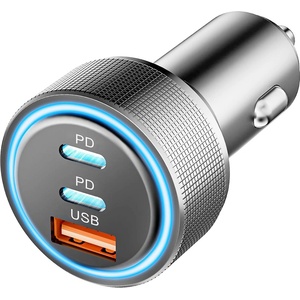 Techsuit - Премиум зарядно за кола DriveBoost (C6) - Бързо зареждане, LED светлина, USB, 2x Type-C 60W, 5V/3A, Алуминиева сплав - Сребристо