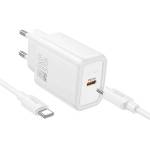 hoco. N62 Променливотоково зарядно устройство Type-C с гнездо 30 W, бързо зарядно PD 3.0 + кабел Type-C, БЯЛО N62 TYPE-C БЯЛО (N62 TYPE-C WHITE)