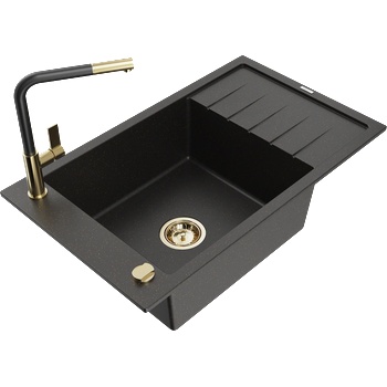 Mexen Elias мивка от гранит 1-коморна с отцеждальник и кухненски кран Flora, черно/златно металик - 6511-75-670401-57-G (6511-75-670401-57-G)