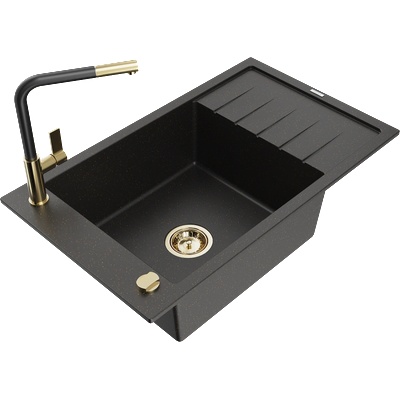 Mexen Elias мивка от гранит 1-коморна с отцеждальник и кухненски кран Flora, черно/златно металик - 6511-75-670401-57-G (6511-75-670401-57-G)