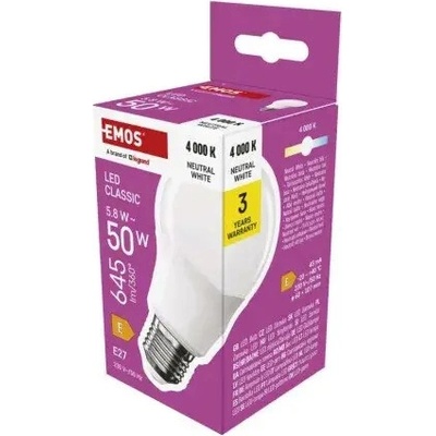Emos Žiarovka LED Classic A60 5.8W 645im E27 neutrálna biela