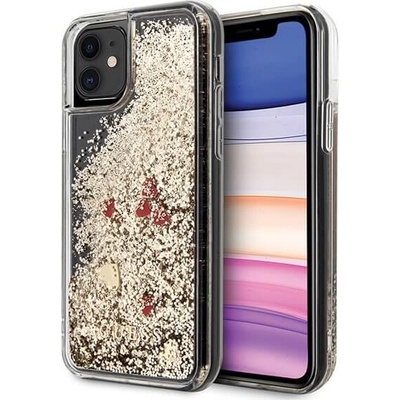 GUESS Liquid Glitter Hearts Case - дизайнерски кейс с висока защита за iPhone 11 (златист)