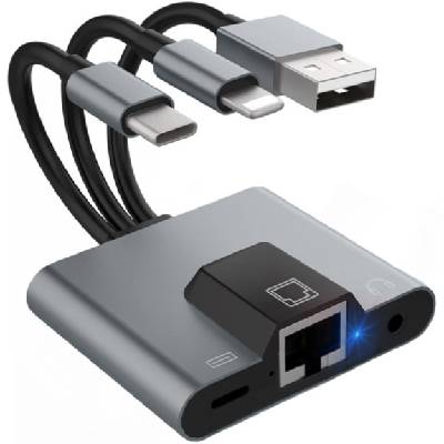 NK-1056S 3в1 редукция - RJ45 / 3, 5 mm жак / USB-C към USB-C / Lightning / USB-A - сив (87224)