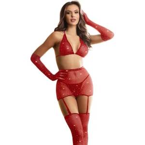  Съблазнителен сет, мрежа с кристали и ръкавици - Elegant Spark Red S/M/L (D-241367)
