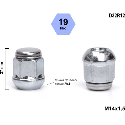 Kolové matice M14x1,5 koule R12 , klíč 19, D32R12, výška 27 mm