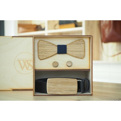 Wood Style Set Hranatý Modrotisk opasek motýlek a manžetové knoflíčky Černá Dub
