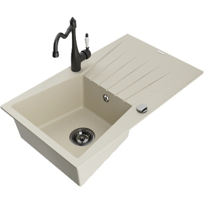 Mexen Cesar еднокоморна гранитна мивка с отцедник и кухненски смесител Carla, бежов - 6514-69-670700-70 (6514-69-670700-70)