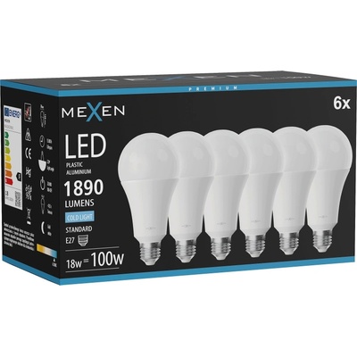 Mexen Nova 6x LED крушка E27, A70, 18W, Студена - 6500K, 1890 lm - L100-E27-1865-01x06 (L100-E27-1865-01x06)