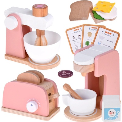 JOKO Drevená sada Detské Kuchynské Spotrebiče Mixér Kávovar Hriankovač 13ks ružová