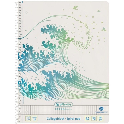 Бележник Herlitz, A4, спирала, 70 листа, рециклирана хартия, 80 g/m2, двойно редовано, перфорации, микроперфорации, квадрати, вълнообразен модел, зелена серия (50033478)