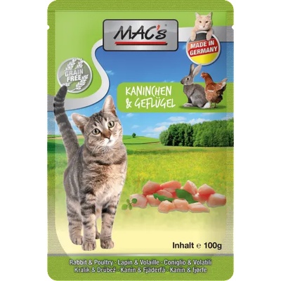 MAC's Mac’s Cat Adult GRAIN FREE, пауч за пораснали котки, БЕЗ ЗЪРНО, с Заешко и птиче месо, Глухарче и билков микс, 100 гр - Германия - 854VE