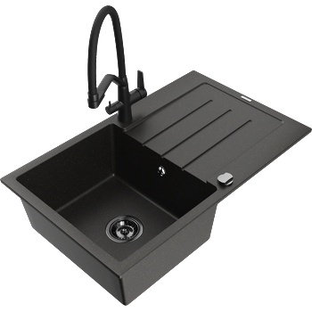 Mexen Bruno еднокоморна мивка от гранит с отцедник и кухненски смесител Duo, черен/златист металик - 6513-75-671701-70-B (6513-75-671701-70-B)