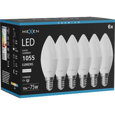 Mexen Nova 6x LED крушка E14, C37, 10W, Неутрална - 4000K, 1055 lm - L102-E14-1040-01x06 (L102-E14-1040-01x06)