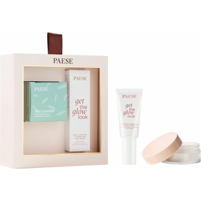 Paese Giftset Paese Mini Rice Powder transparentní sypký pudr 10 g + Paese Get The Glow Look Illuminating Face Cream multifunkční tónovací krém pro rozjasnění pleti 30 ml