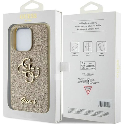 GUESS Гръб Guess за iPhone 15 Pro , PU Fixed Glitter, 4G Metal Logo Case, Златист (3666339147808)