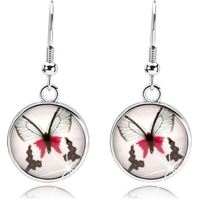 Šperky eshop kruhové ve stylu kabošon čiré sklo červenočerný motýl afro háčky SP72.14