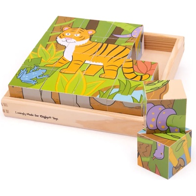 Bigjigs Toys Дървени кубчета, Bigjigs - Диви животни, 16 кубчета, 6 пъзела (BJ263)