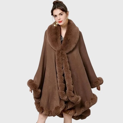 Модно пончо в цвят мока с пухкава шал яка