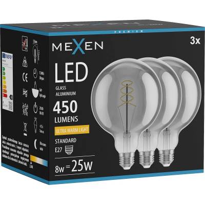 Mexen Vintis 3x LED спиралова нишка крушка E27, G125, 8W, Топла - 2200K, 450 lm, опушен (L168-E27-0822-70x03)