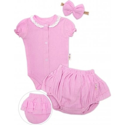 Baby Nellys 3-dielna mušelínová súpravička body kraťasky čelenka GIRL ružová