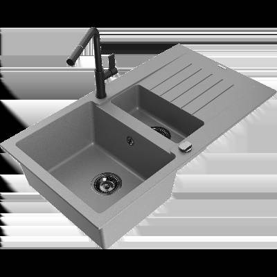 Matias гранитна мивка 1, 5-камерна с отцедник и кухненски смесител Flora, сива - 6502-71-670401-70-B (6502-71-670401-70-B)