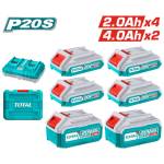 TOTAL Комплект акумулаторни батерии и зарядно TOTAL, Li-Ion, 20 V, 2.0 / 4.0 Ah, 6 броя (TL TOSLI230701E)