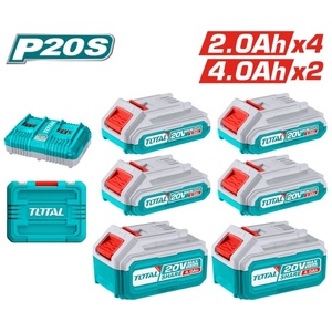 TOTAL Комплект акумулаторни батерии и зарядно TOTAL, Li-Ion, 20 V, 2.0 / 4.0 Ah, 6 броя (TL TOSLI230701E)