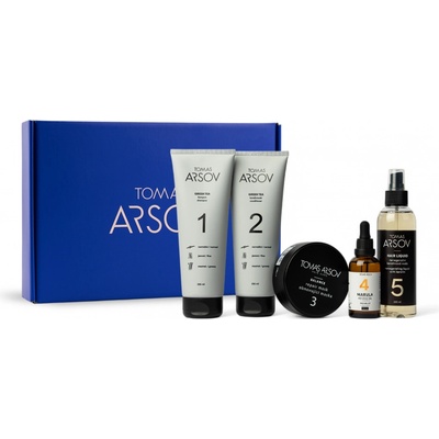 Tomas Arsov Péče o kudrnaté jemné vlasy GREEN TEA Šampon 250 ml + Kondicionér 250 ml + BALANCE Obnov. maska 100 ml + Marulový olej s vitamínem E 50 ml + HAIR LIQUID Kerat. voda 200 ml dárková sada