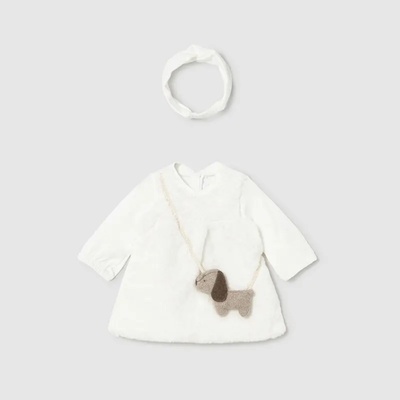 Mayoral Бяла плюшена рокля за новородено момиче с чантичка Mayoral