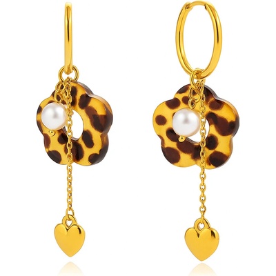 SARINES Zlaté náušnice s leopardím motivem, perlou a srdíčkem S1309