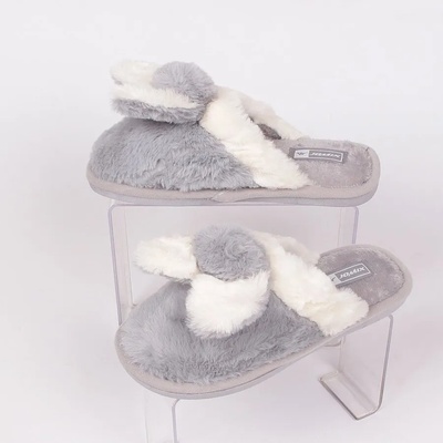 Дамски плюшени пантофи в сиво и бяло с ушички