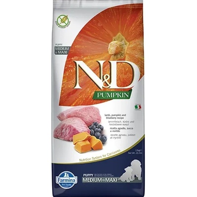 N&D Pumpkin Medium/Maxi Puppy Lamb & Blueberry - храна за подрастващи кученца и бременни или кърмещи кучета от средни и едри породи с агнешко, тиква и боровинки; без зърно 12.00 кг