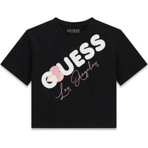 GUESS Черна къса тениска за момиче с бял надпис Guess и розово сърце
