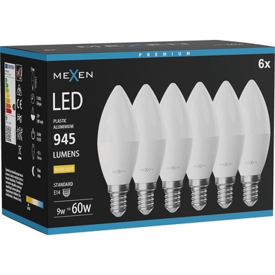 Mexen Nova 6x LED крушка E14, C37, 9W, Топла - 3000K, 945 lm - L102-E14-0930-01x06 (L102-E14-0930-01x06)