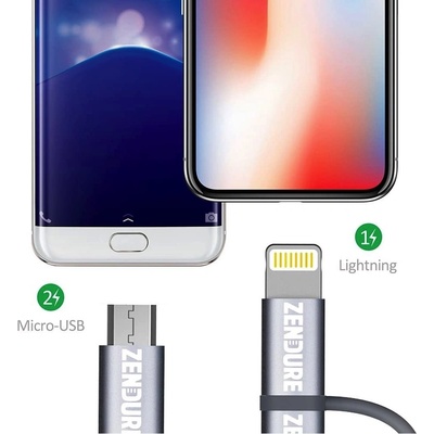 Zendure Качествен USB-A кабел с Lightning и microUSB конектори (30 см) - Zendure Braided 2in1 Universal MFI Cable (сив) (ZD21C1-GY)